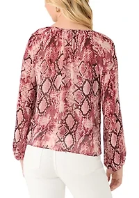 Women's Keyhole Front Snake Print Peasant Blouse