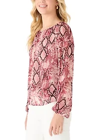 Women's Keyhole Front Snake Print Peasant Blouse