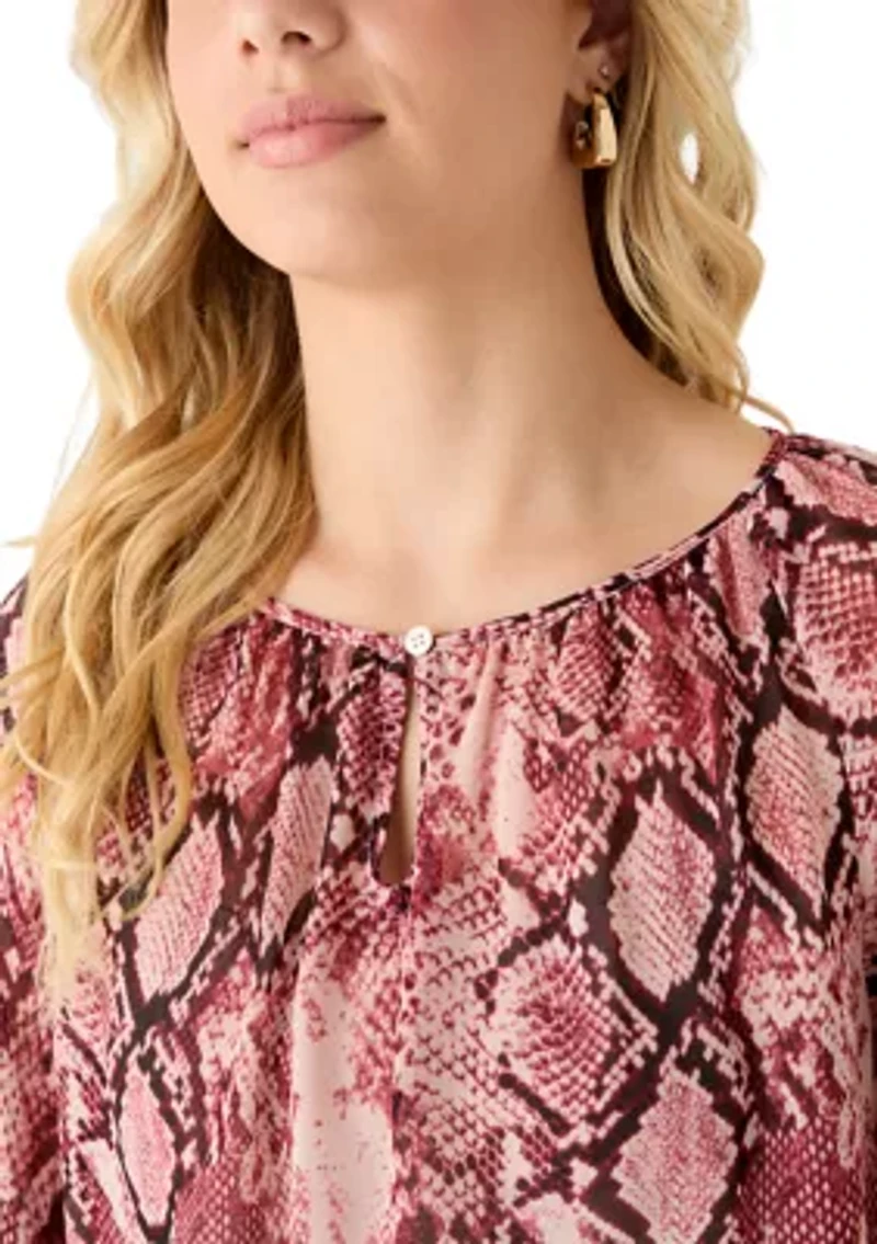 Women's Keyhole Front Snake Print Peasant Blouse