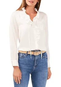 Petite Long Sleeve Blouse with Ruffle Front and Tie