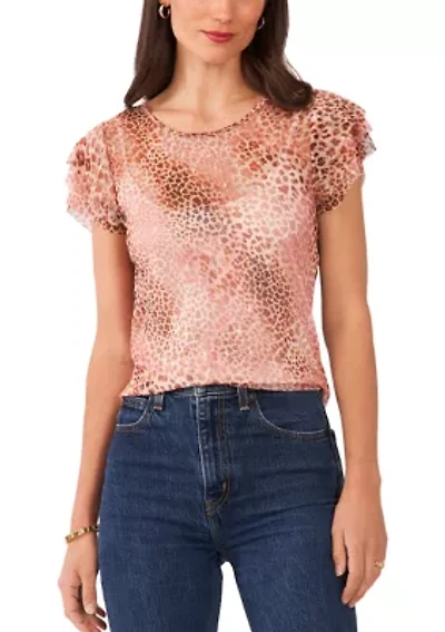 Petite Crew Neck Top with 3-Layer Ruffle Short Sleeves