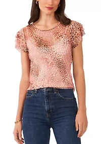 Petite Crew Neck Top with 3-Layer Ruffle Short Sleeves