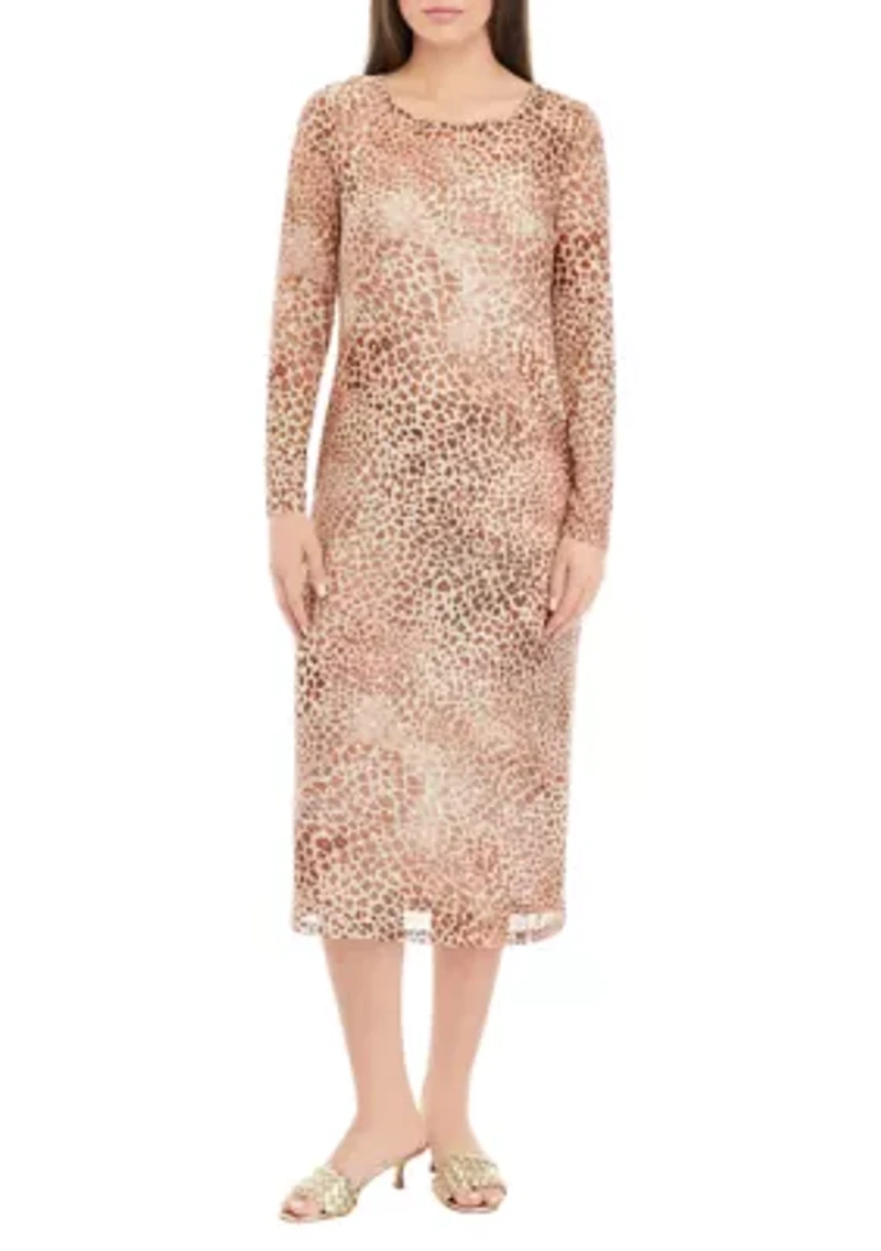 Petite Crew Neck Long Sleeve Mesh Midi Dress