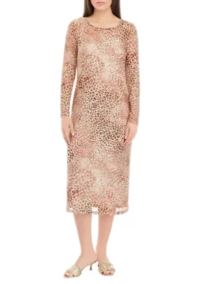Petite Crew Neck Long Sleeve Mesh Midi Dress