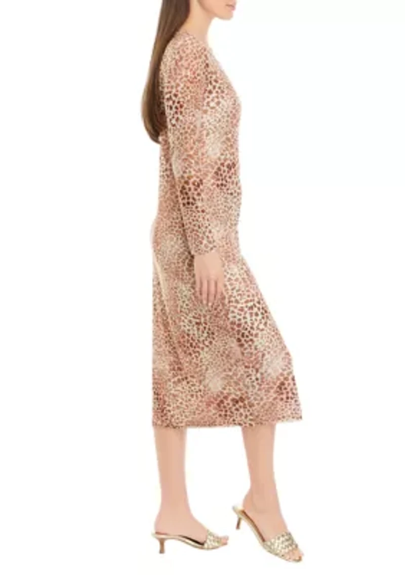 Petite Crew Neck Long Sleeve Mesh Midi Dress