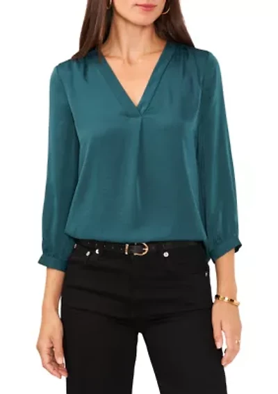 Petite V-Neck Ruffle Pleated Blouse