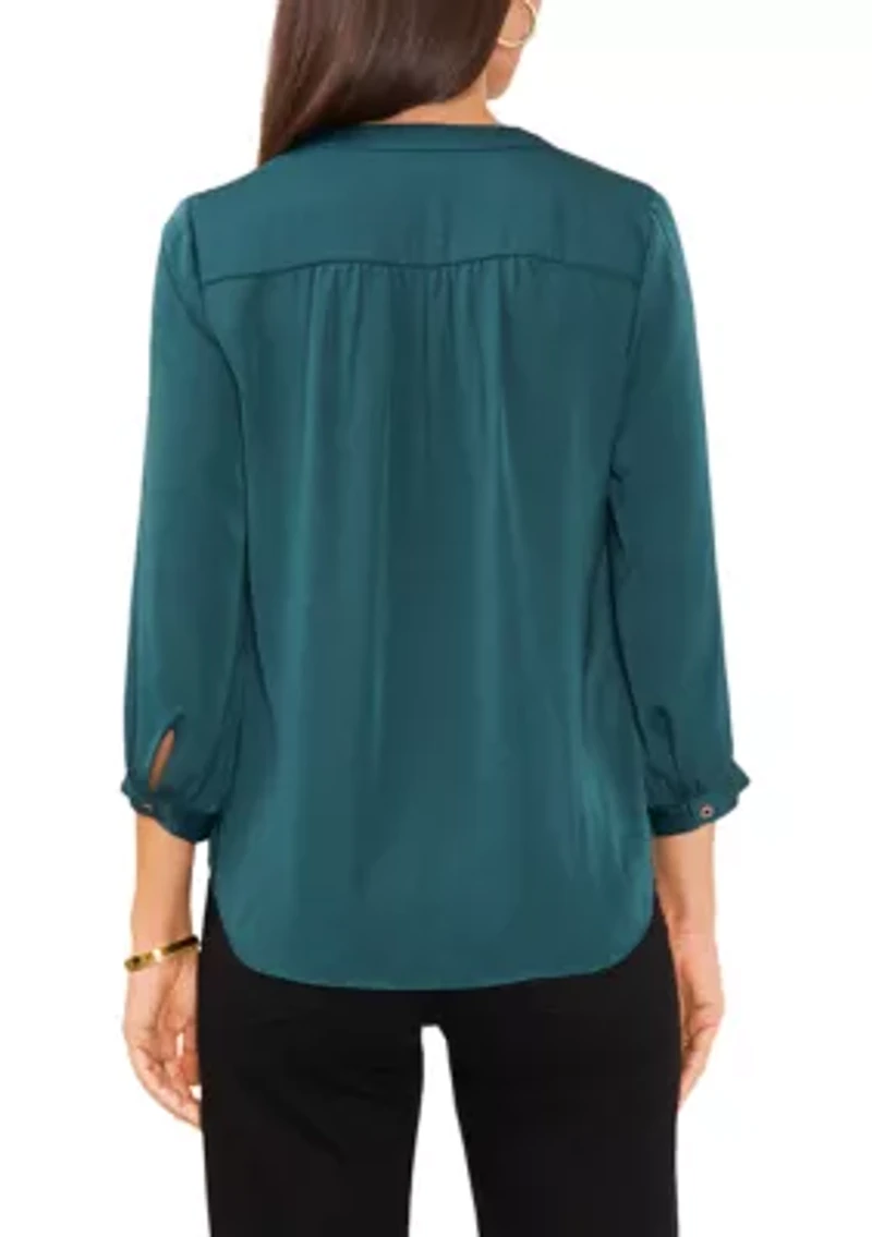 Petite V-Neck Ruffle Pleated Blouse