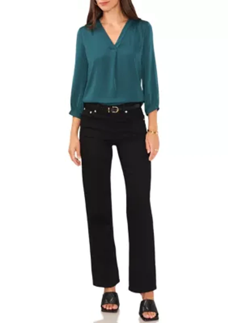 Petite V-Neck Ruffle Pleated Blouse