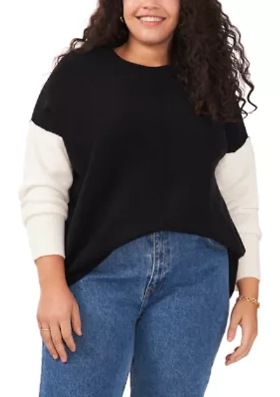 Plus Crew Neck Cozy Cashmere Color Block Sleeve Sweater