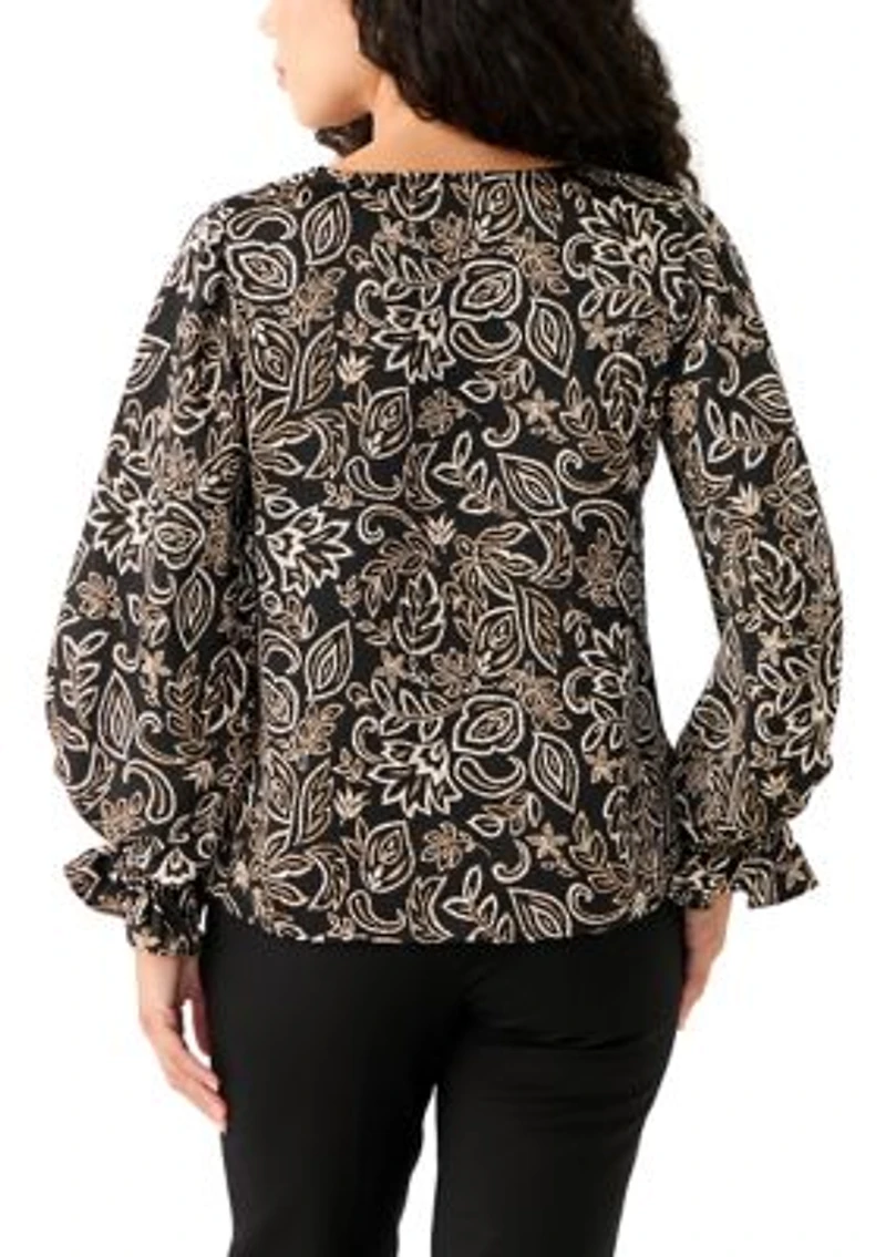 Petite V-Neck Smock Sleeve Blouse