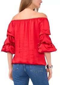 Petite Satin Cha Sleeve Off the Shoulder Top