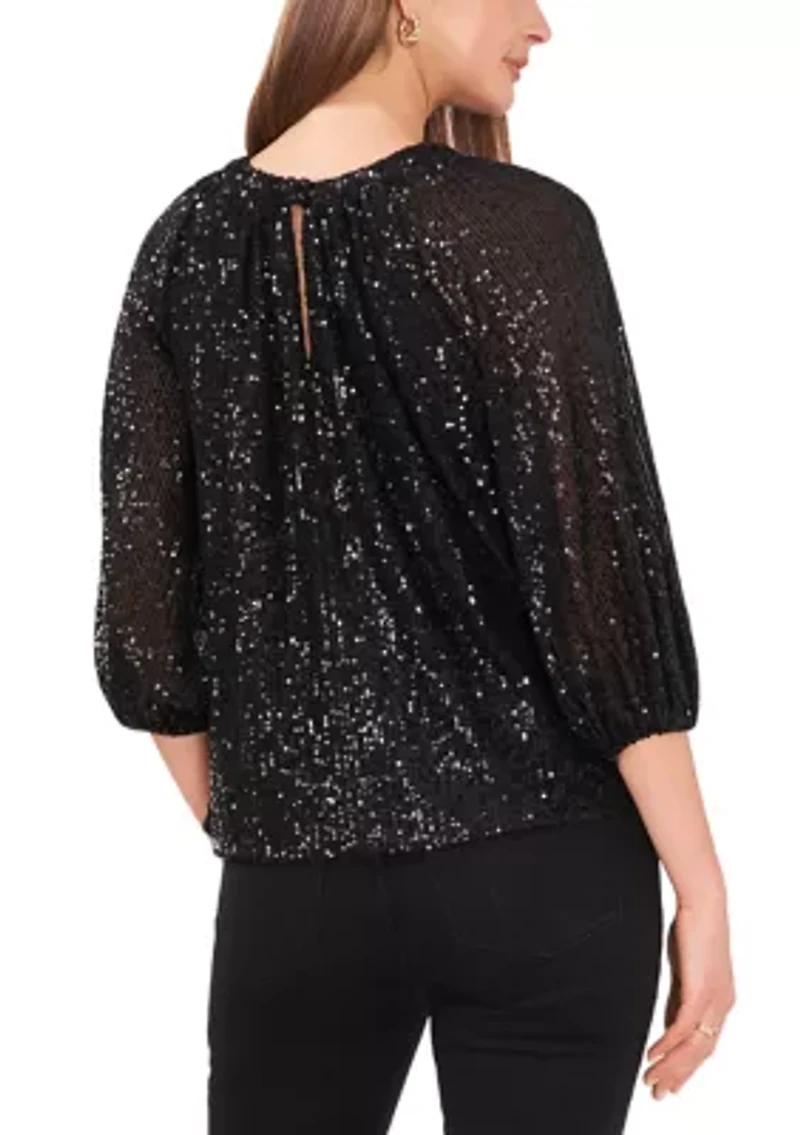 Petite 3/4 Sleeve Sequin Keyhole Top