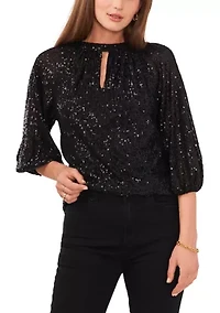 Petite 3/4 Sleeve Sequin Keyhole Top