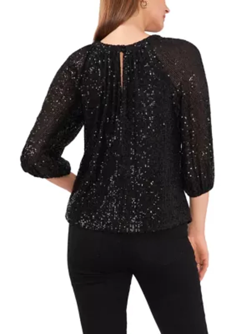 Petite 3/4 Sleeve Sequin Keyhole Top
