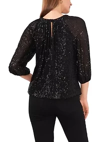 Petite 3/4 Sleeve Sequin Keyhole Top
