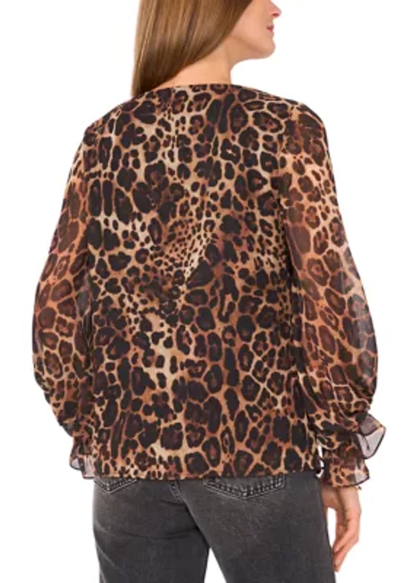 Women's 3/4 Sleeve V-Neck Leopard Print Blouse