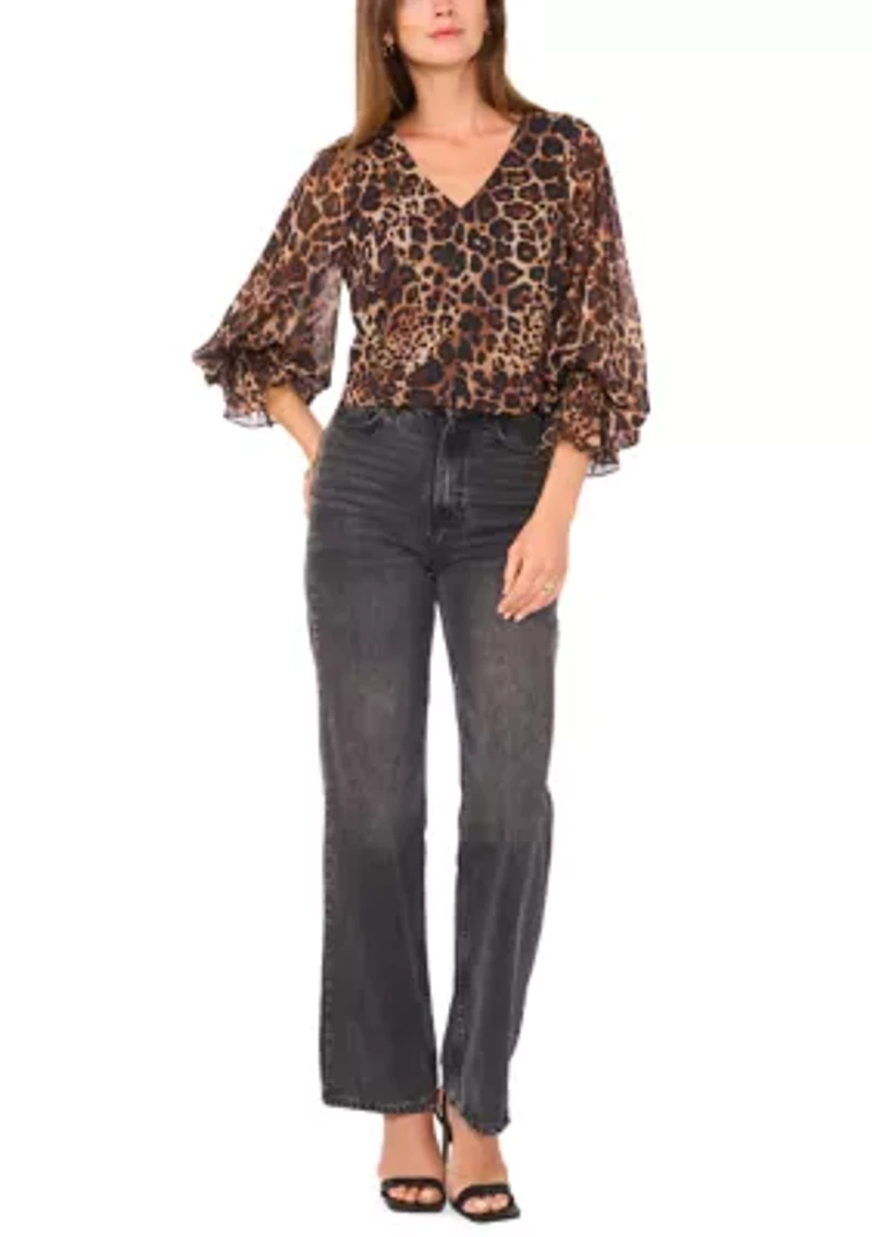 Women's 3/4 Sleeve V-Neck Leopard Print Blouse