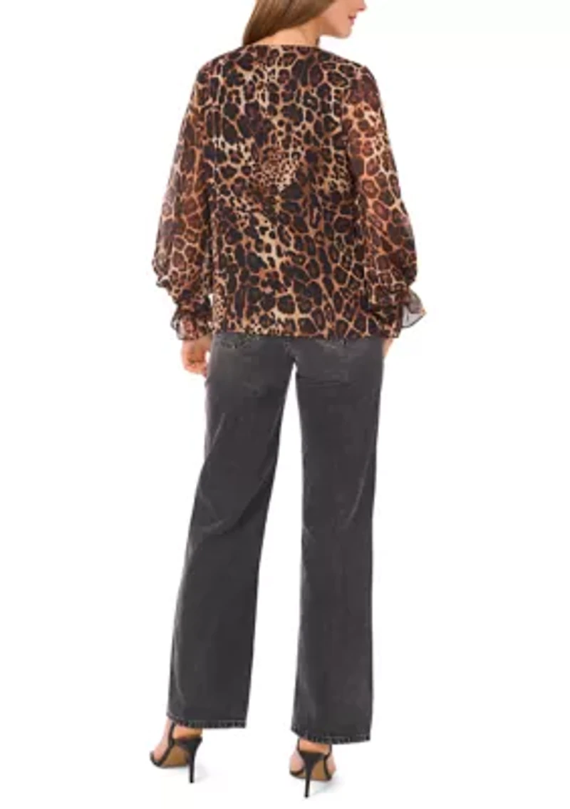 Women's 3/4 Sleeve V-Neck Leopard Print Blouse
