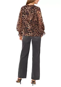 Women's 3/4 Sleeve V-Neck Leopard Print Blouse
