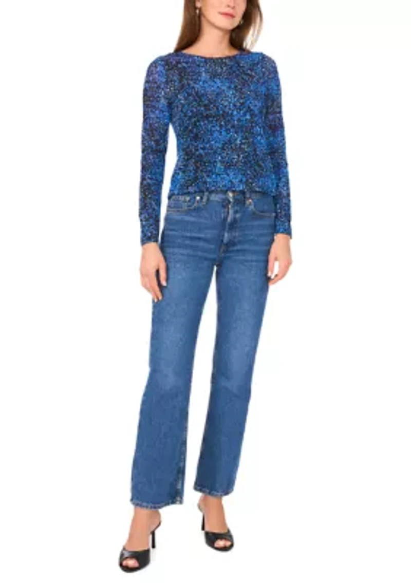 Petite Long Sleeve Printed Mesh Top