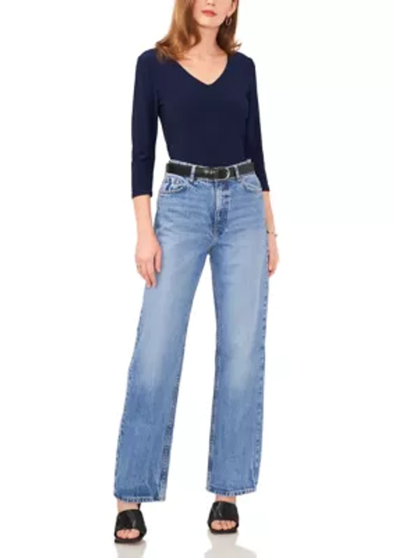 Petite 3/4 Sleeve V-Neck Top