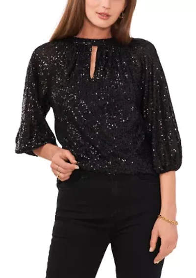 Women's 3/4 Sleeve Keyhole Sequin Top