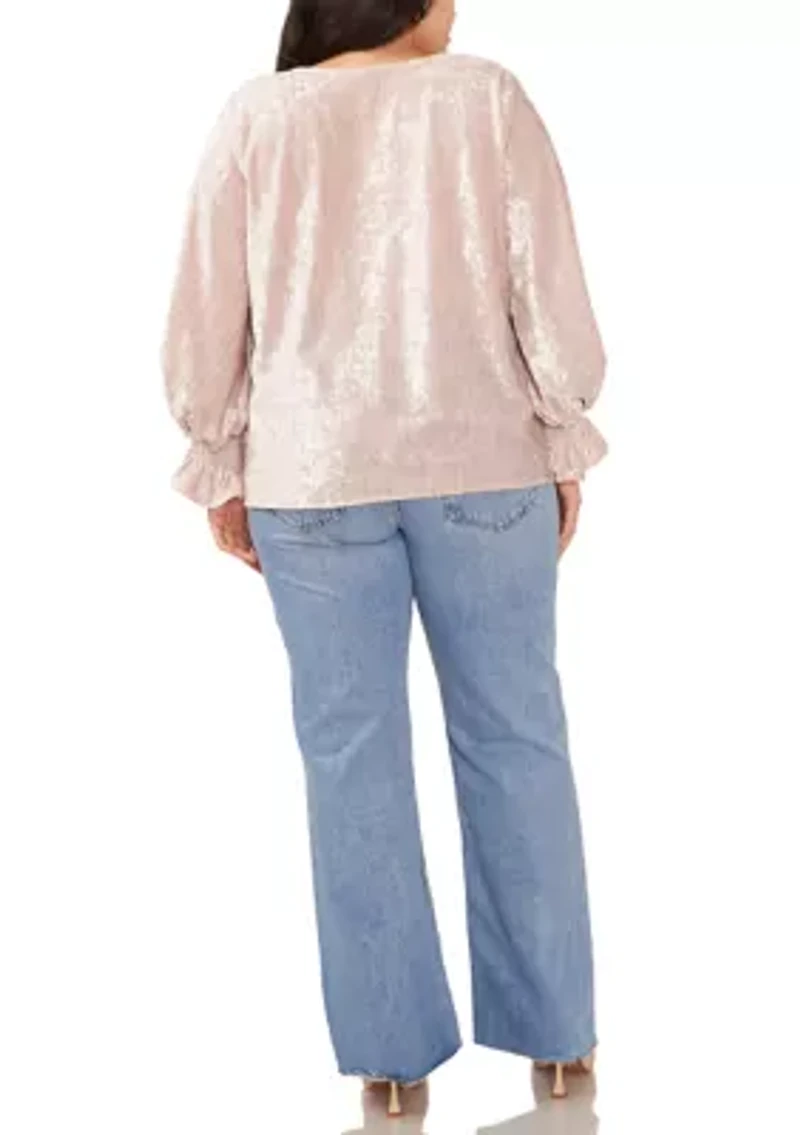 Plus Long Sleeve V-Neck Velvet Blouse