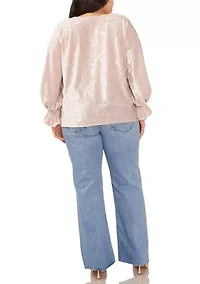 Plus Long Sleeve V-Neck Velvet Blouse