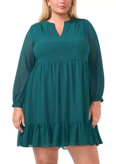 Plus Long Sleeve Split Neck Babydoll Dress