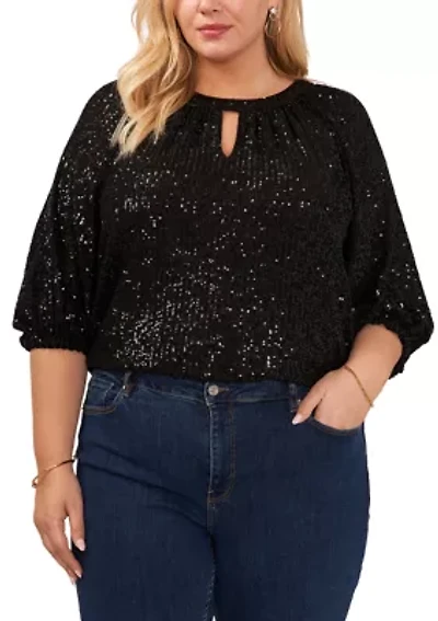 Plus Keyhole Sequin Blouse