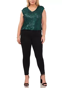 Plus Cap Sleeve Sequin V-Neck Top