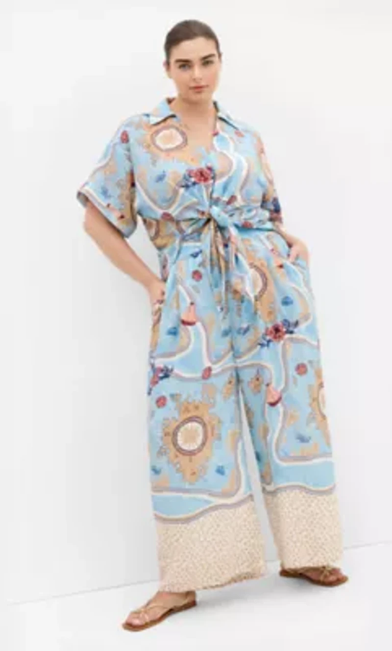 Postcard Voyage Print Wide Leg Pant