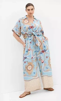 Postcard Voyage Print Wide Leg Pant