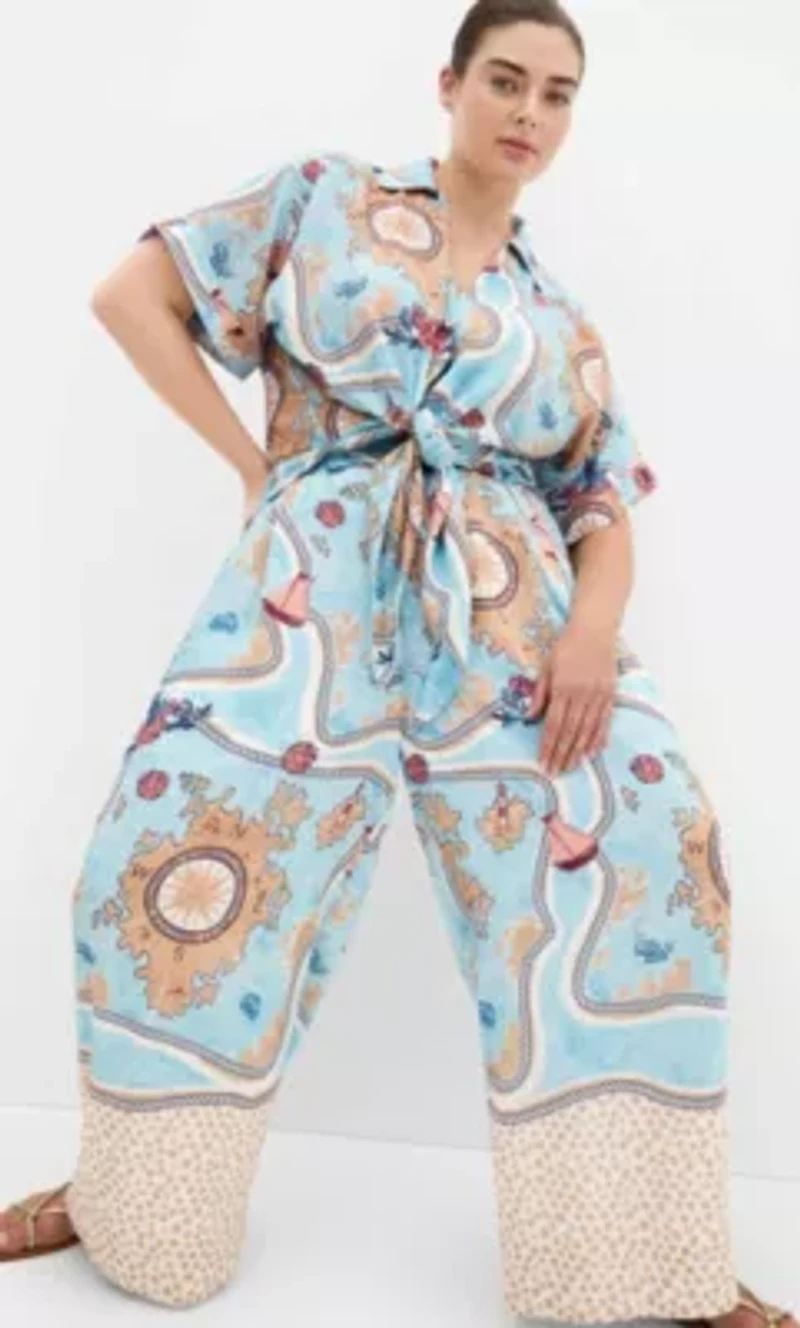 Postcard Voyage Print Wide Leg Pant