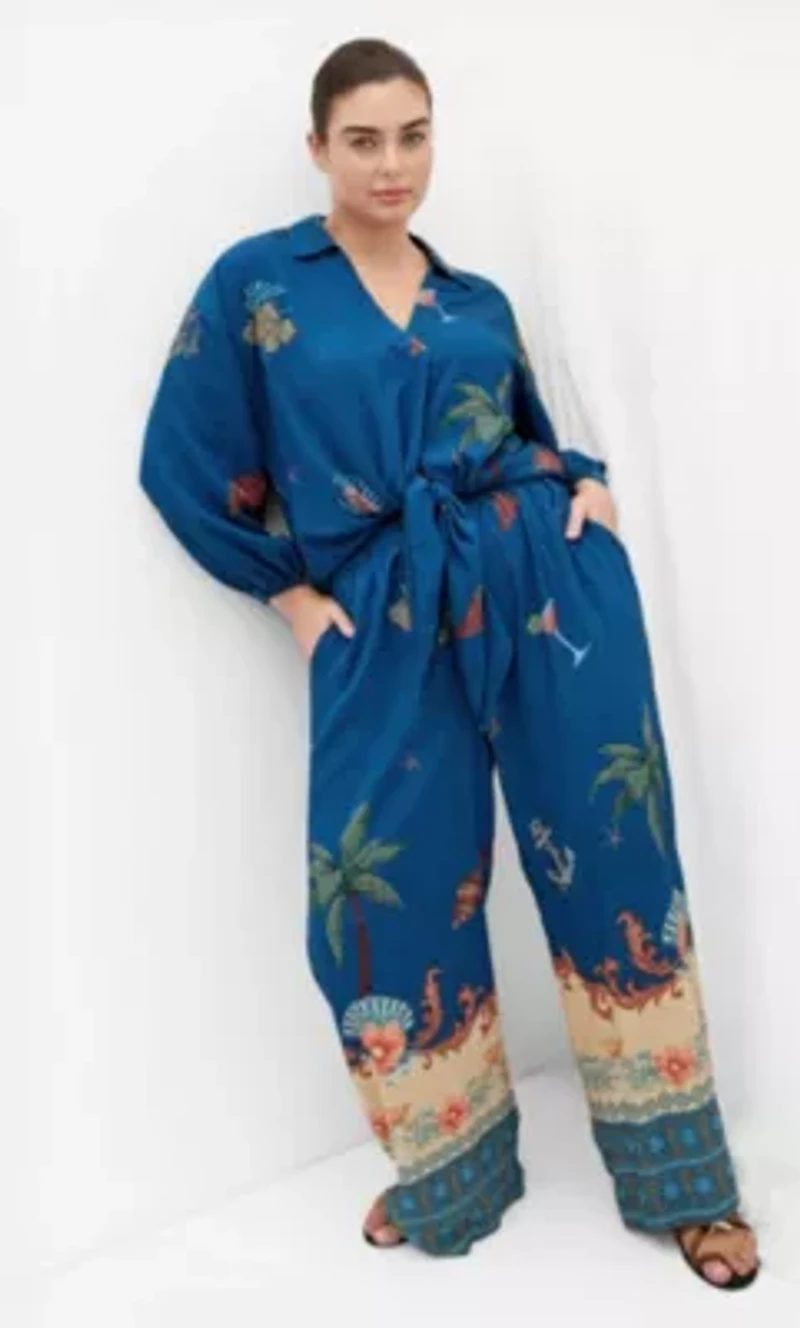 Tia Sea Print Wide Leg Pant