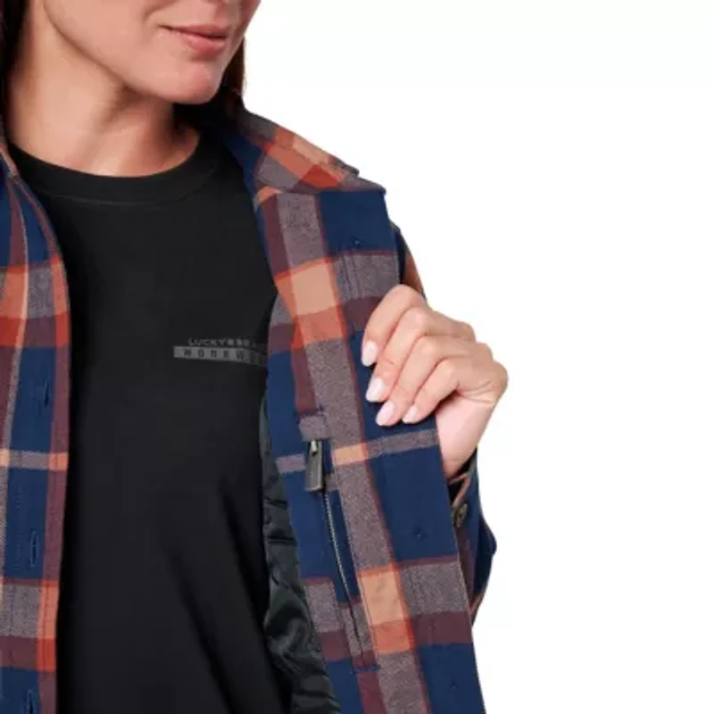 Women's Lucky Brand Workwear Yarn Dyed Plaid Flannel Shirt Jacket with Quilted Lining