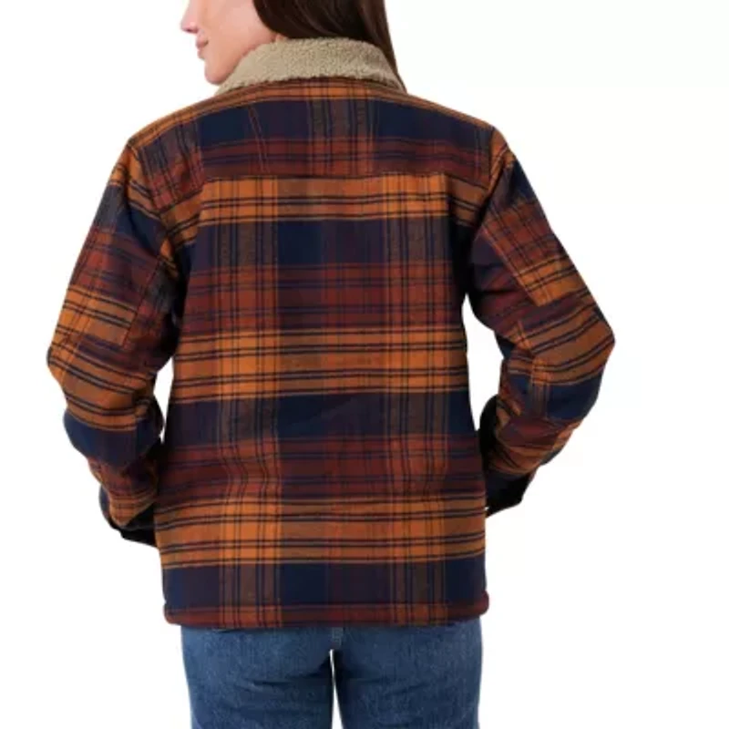 Women's Lucky Brand Workwear Yarn Dyed Twill Plaid Jacket with Sherpa Collar and Lining