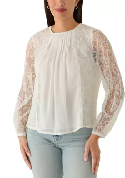 Women's Long Sleeve Lace Mixed Media Blouse