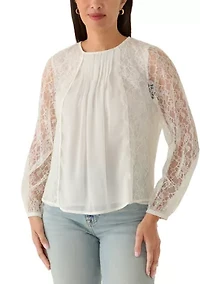 Women's Long Sleeve Lace Mixed Media Blouse