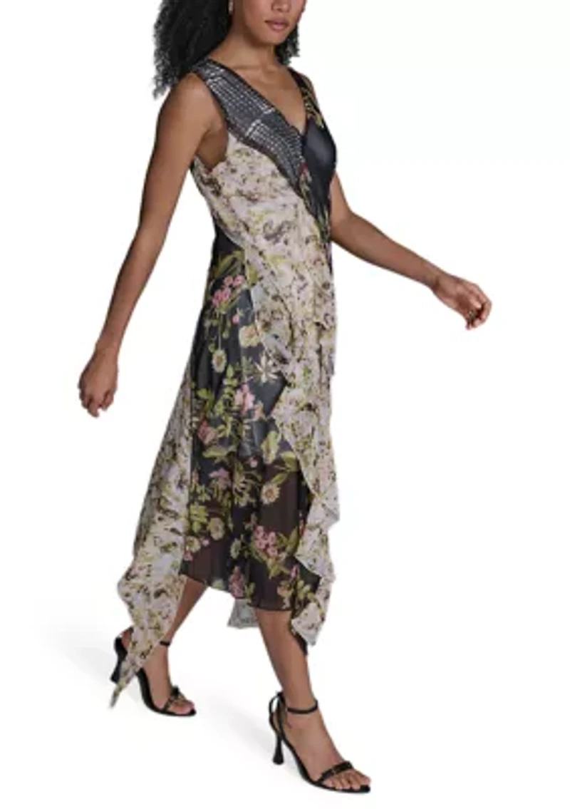 Women's Cap Sleeve Mixed Floral Ruffle Maxi Dress