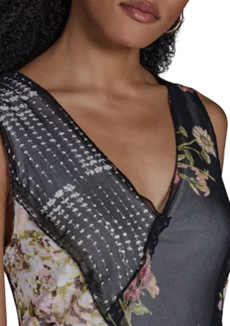 Women's Cap Sleeve Mixed Floral Ruffle Maxi Dress