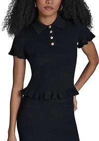 Women's Short Sleeve Ribbed Polo Sweater