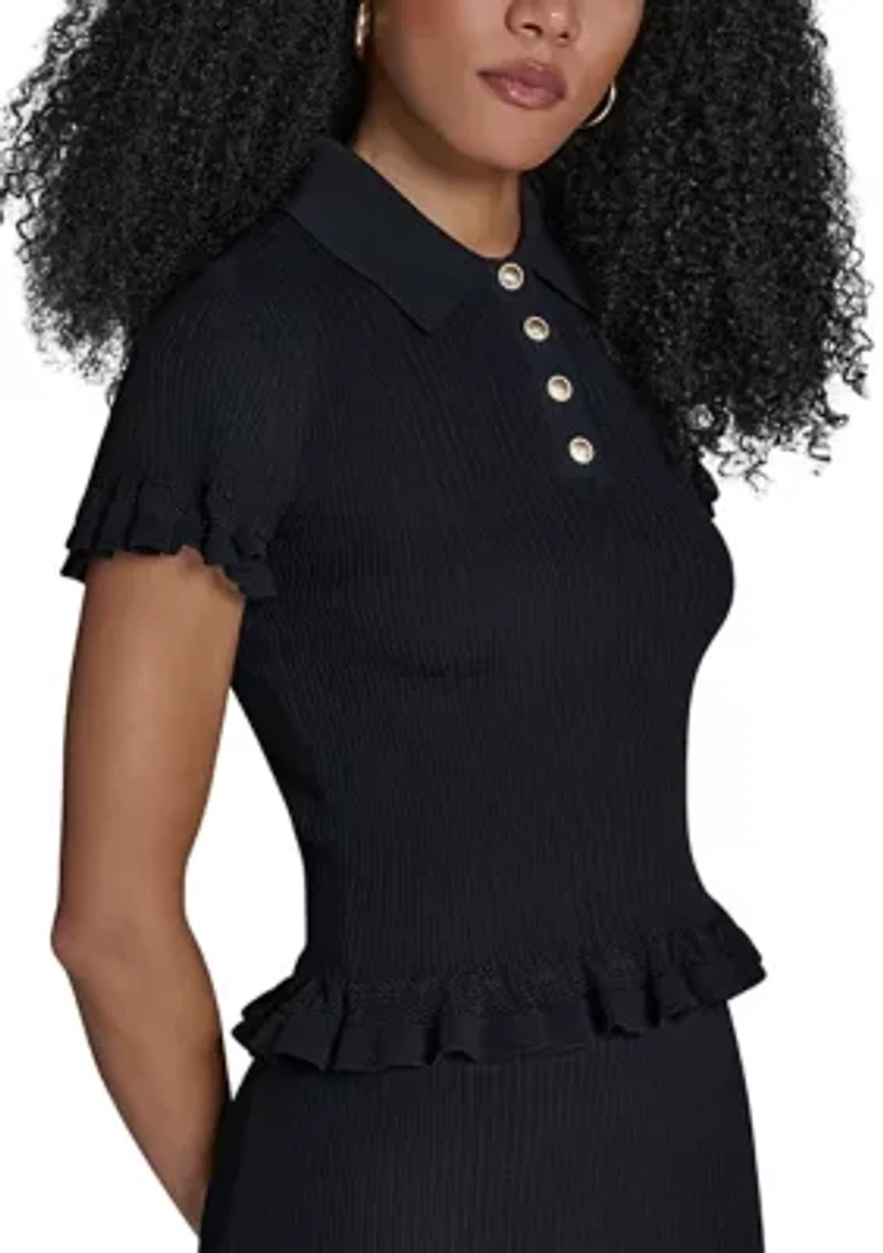 Women's Short Sleeve Ribbed Polo Sweater