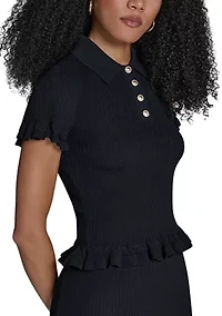 Women's Short Sleeve Ribbed Polo Sweater