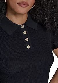 Women's Short Sleeve Ribbed Polo Sweater