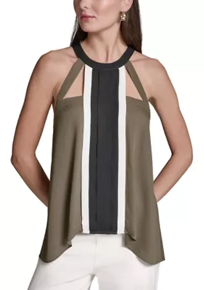 Women's Sleeveless Color Block Halter Blouse