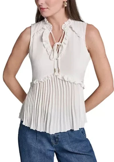Women's Sleeveless Ruffle Neck Pleated Blouse