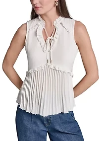 Women's Sleeveless Ruffle Neck Pleated Blouse
