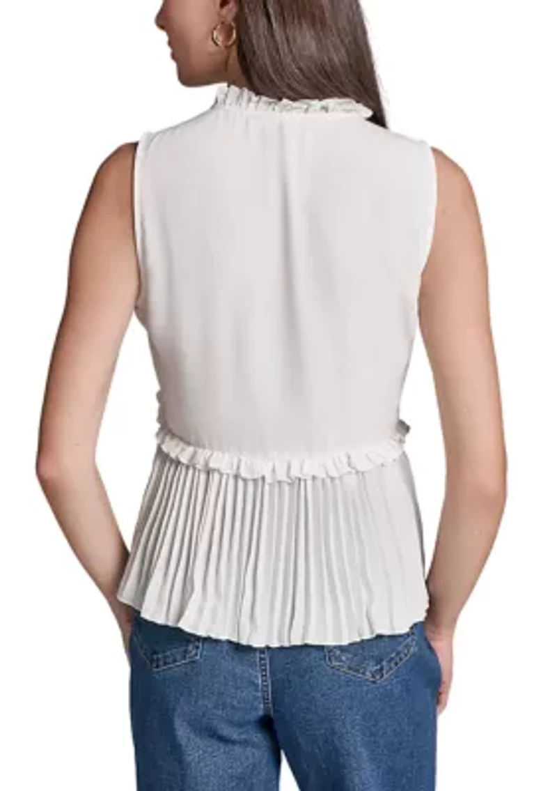 Women's Sleeveless Ruffle Neck Pleated Blouse