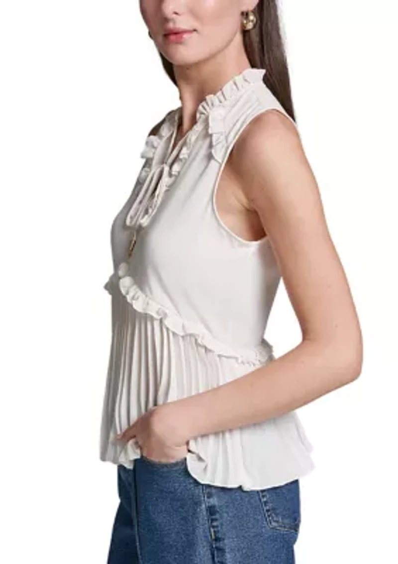Women's Sleeveless Ruffle Neck Pleated Blouse